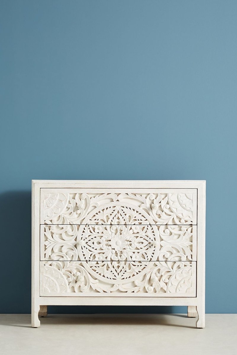 Handmade Lombok Three-Drawer Dresser | Hand-carved Wooden Chest of Drawers Drawer Dresser - Bone Inlay Furnitures