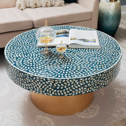 Handmade Round Coffee Table in Blue & White Color | Bone Inlay Center table Coffee Table - Bone Inlay Furnitures