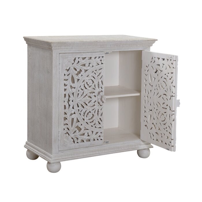 Handmade Solid Wood 2 Door Accent Cabinet | Hand-carved Cabinetry Furniture in White Color Cabinet - Bone Inlay Furnitures