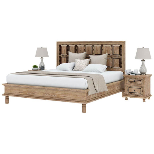Handmade Solid Wood Traditional Platform Bed | Hand-carved Bed with Headboard Beds & Bed Frames - Bone Inlay Furnitures