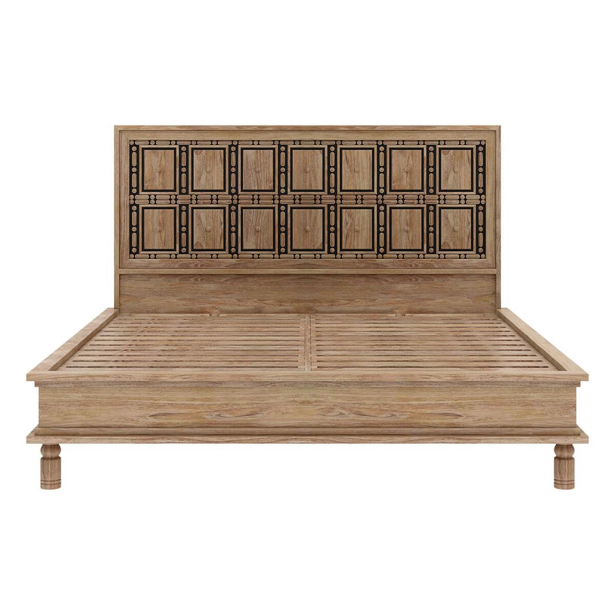 Handmade Solid Wood Traditional Platform Bed | Hand-carved Bed with Headboard Beds & Bed Frames - Bone Inlay Furnitures