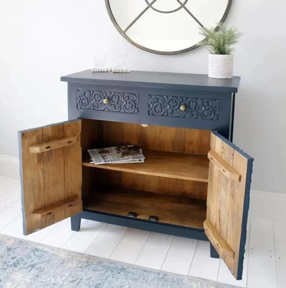 Handmade Storage Cabinet | Wooden Hand Carved Small Sideboard Cabinet - Bone Inlay Furnitures
