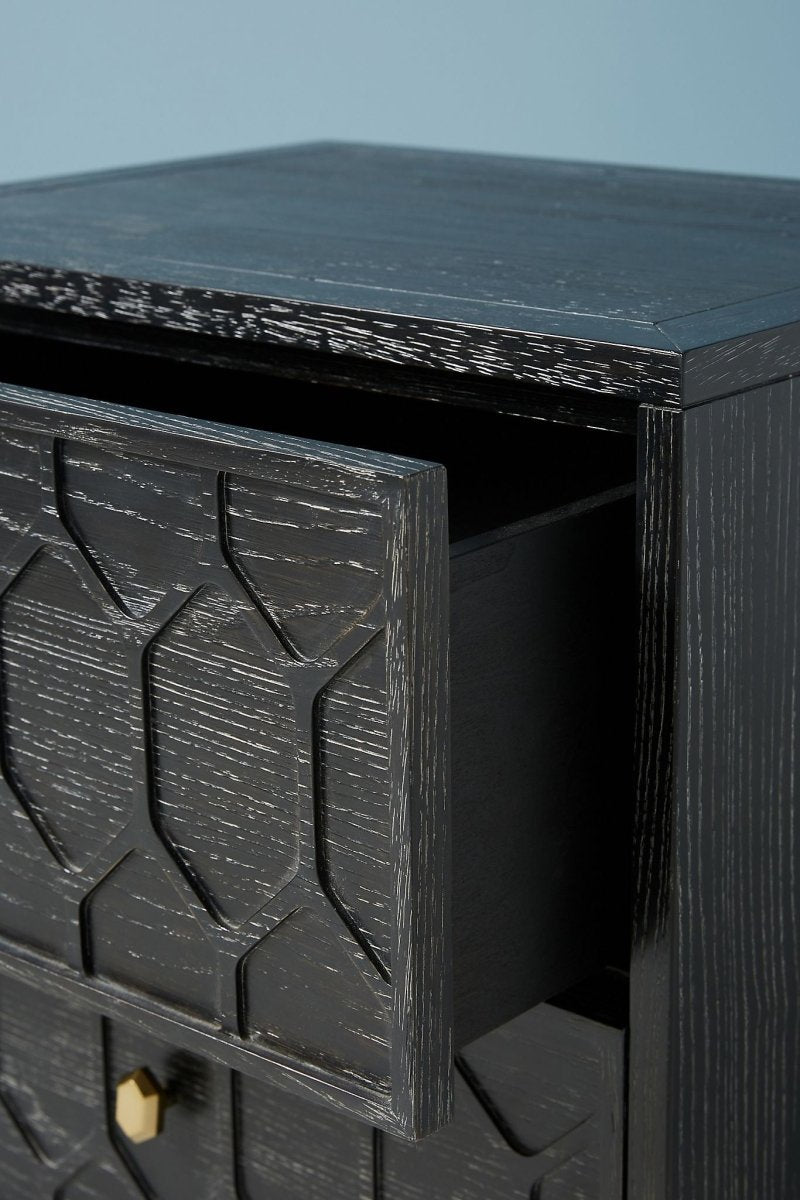 Handmade Textured Trellis 2 Drawers Nightstand in Black Color | Hand-carved Wooden Bedside Nightstand - Bone Inlay Furnitures