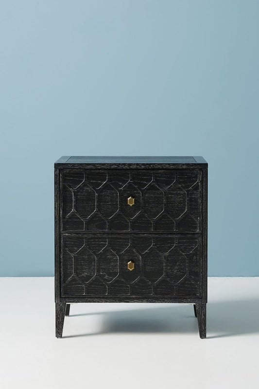 Handmade Textured Trellis 2 Drawers Nightstand in Black Color | Hand-carved Wooden Bedside Nightstand - Bone Inlay Furnitures