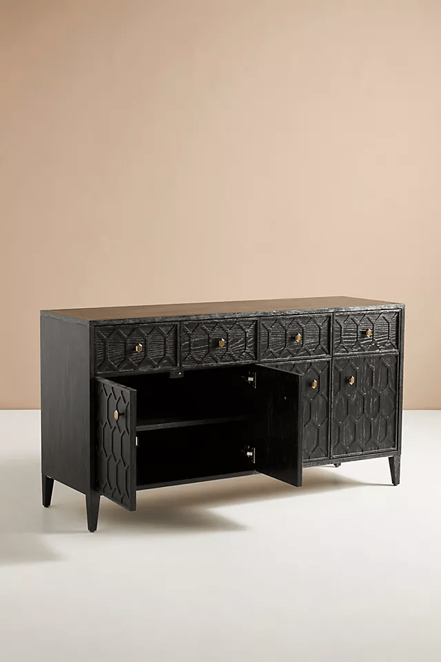 Handmade Textured Trellis Buffet | Hand-carved Black Color Buffet | Indian Furniture Buffet & Sideboard - Bone Inlay Furnitures