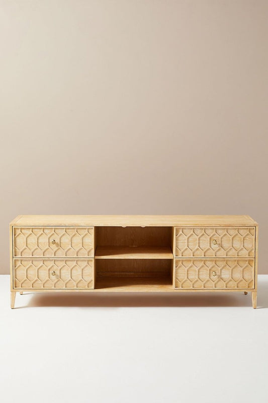 Handmade Textured Trellis Media Console in Sand Color | Hand-carved Entertainment Unit Media Console - Bone Inlay Furnitures