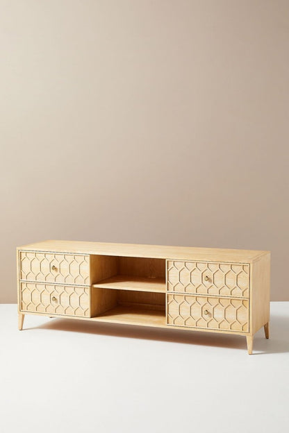 Handmade Textured Trellis Media Console in Sand Color | Hand-carved Entertainment Unit Media Console - Bone Inlay Furnitures