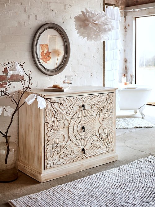 Handmade Three Chest of Drawers | Hand-carved Flower Pattern Dresser Chest of Drawers - Bone Inlay Furnitures