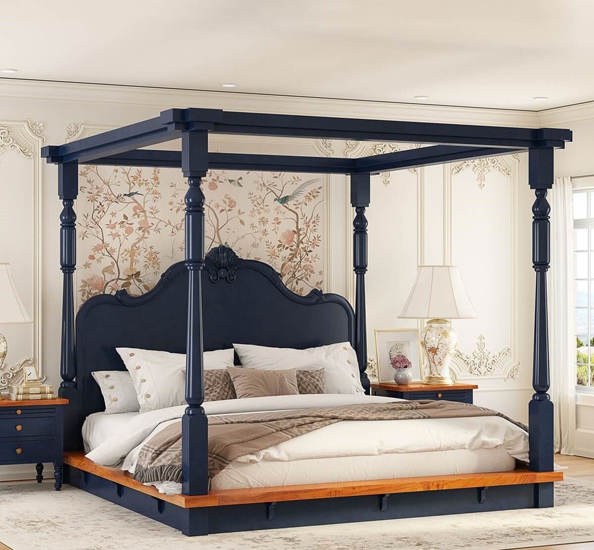 Handmade Two Tone Solid Wood Bed | Hand Carved Canopy Bed with Carved Headboard Beds & Bed Frames - Bone Inlay Furnitures