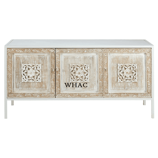 Handmade White Color 3-Door Sideboard | Hand-carved Indian Antique Buffet Table Buffet & Sideboard - Bone Inlay Furnitures