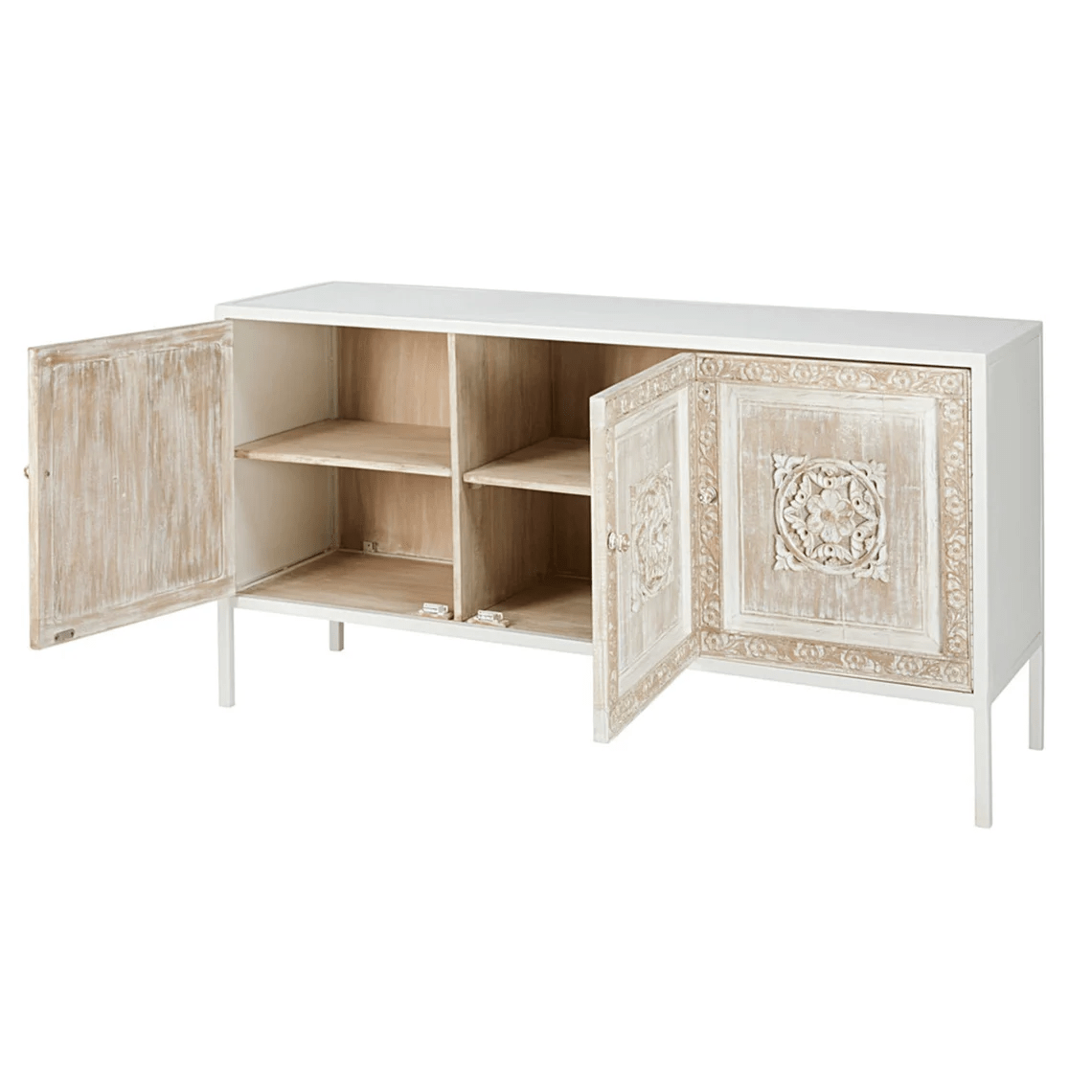 Handmade White Color 3-Door Sideboard | Hand-carved Indian Antique Buffet Table Buffet & Sideboard - Bone Inlay Furnitures