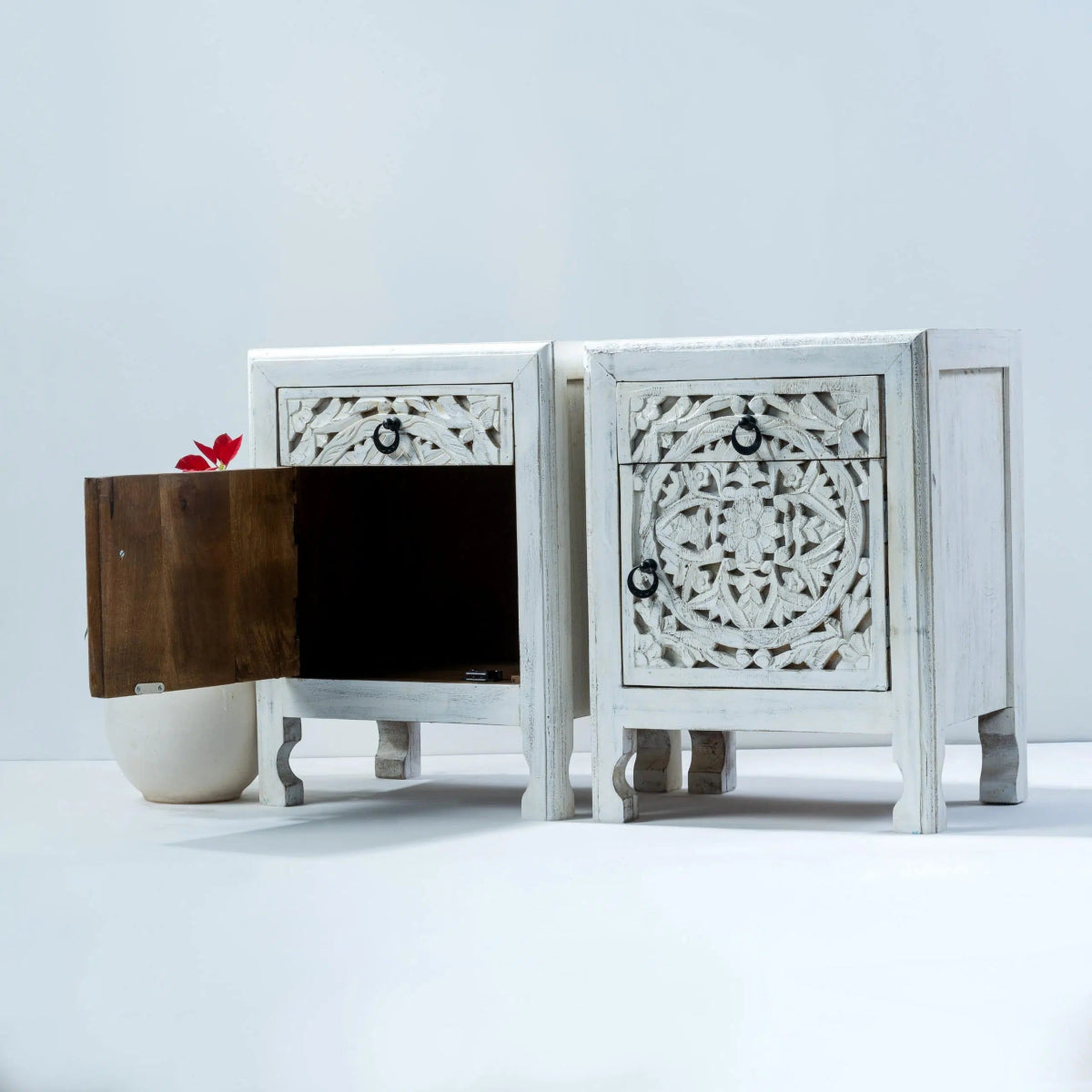 Handmade White Color Bedside Table | Hand-carved Unique Nightstand Nightstand - Bone Inlay Furnitures