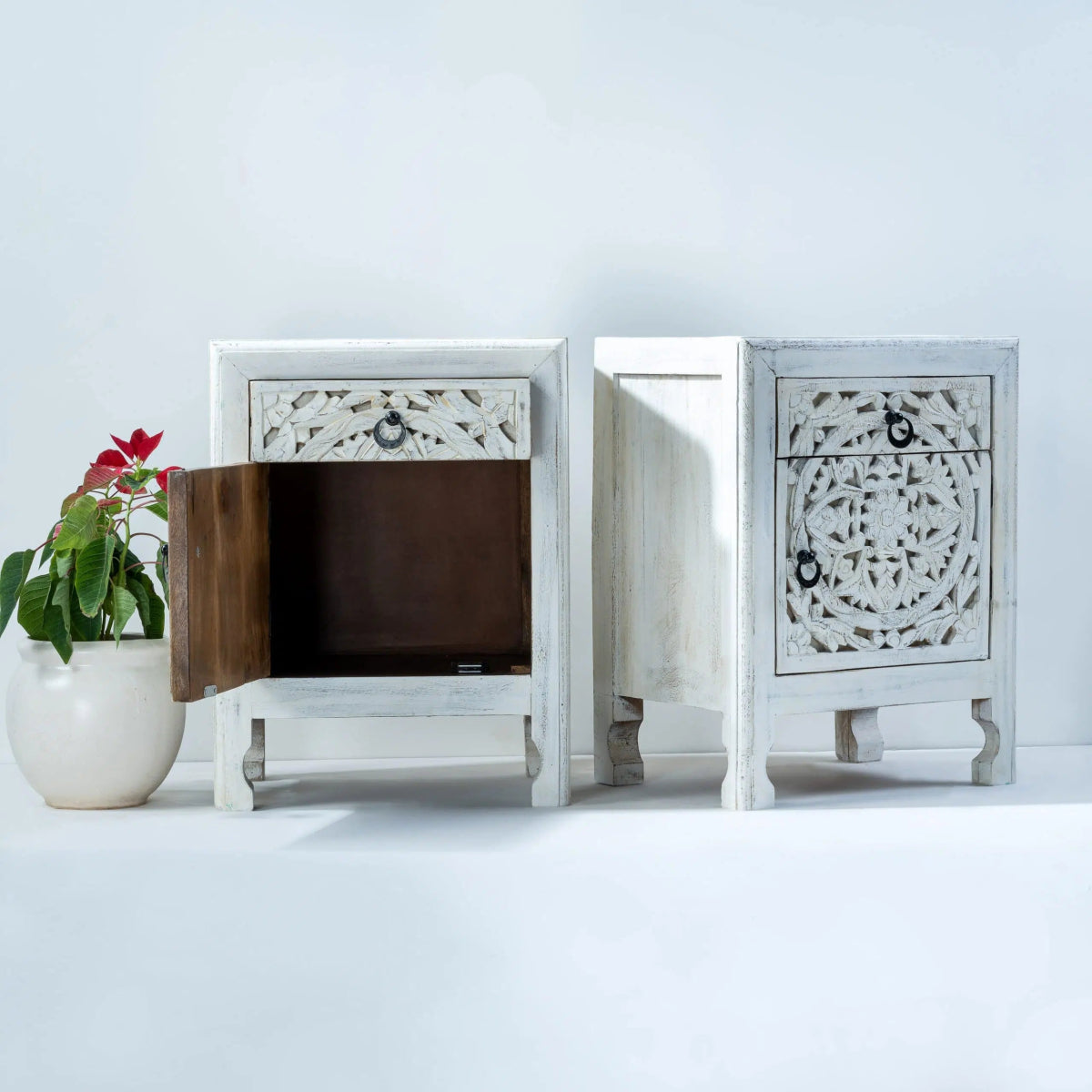 Handmade White Color Bedside Table Hand carved Unique Nightstand
