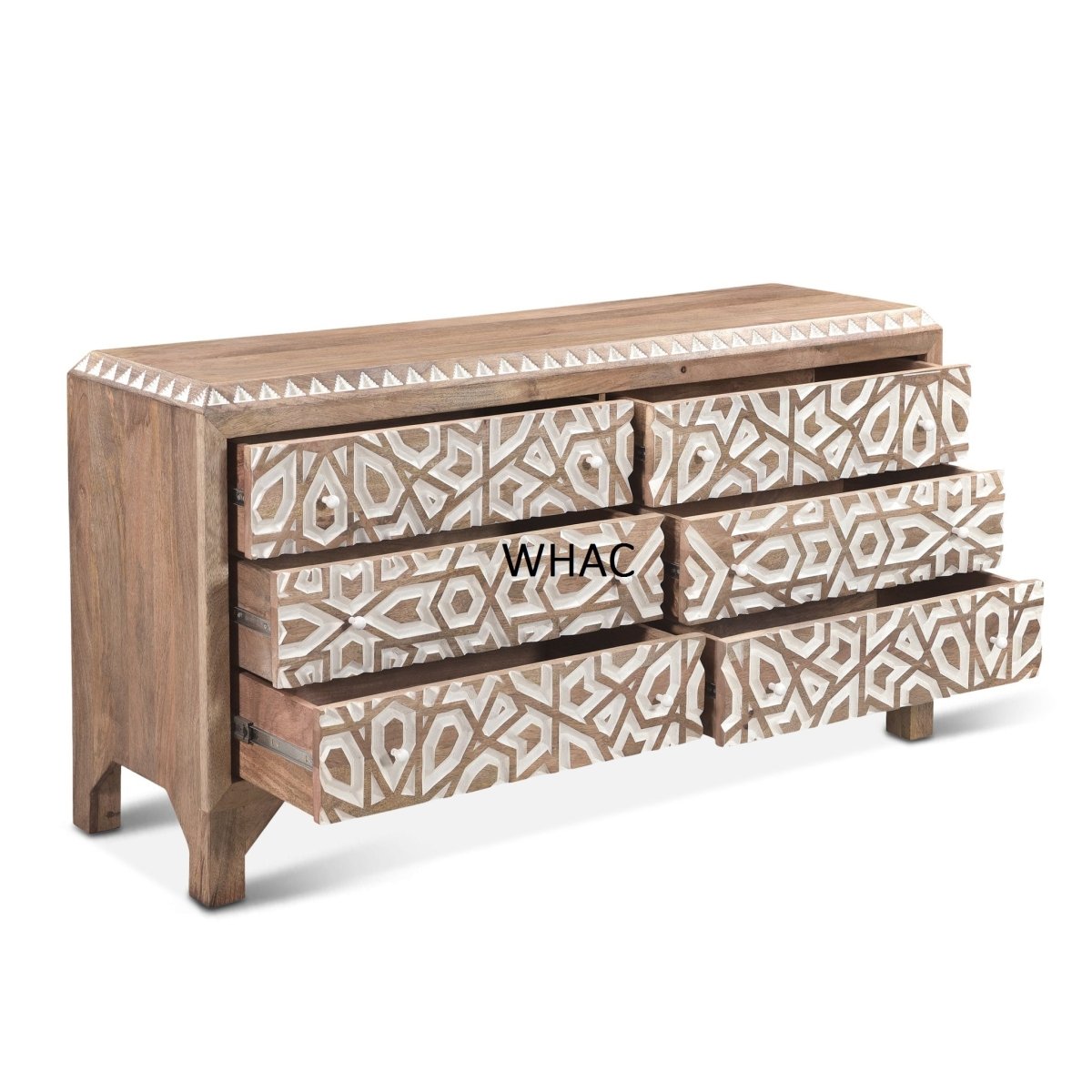 Handmade Wood Carved 6 Drawer Dresser | Hand Carved Wood Bohemian Chest Of Drawer, Drawer Dresser - Bone Inlay Furnitures