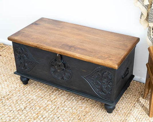Handmade Wood Carving Storage Box | Hand-carved Black Wooden Blanket Box Blanket box - Bone Inlay Furnitures