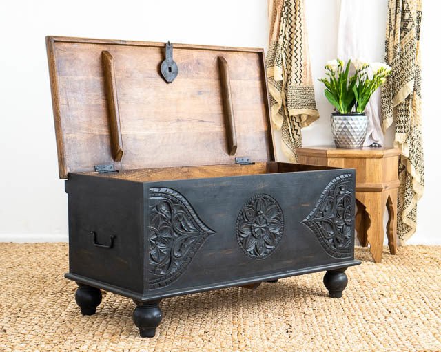 Handmade Wood Carving Storage Box | Hand-carved Black Wooden Blanket Box Blanket box - Bone Inlay Furnitures
