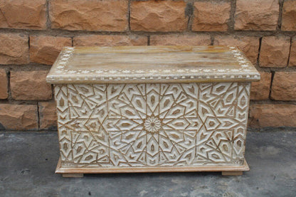 Handmade Wood Carving Trunk | Hand-carved Indian Blanket Box Trunk - Bone Inlay Furnitures