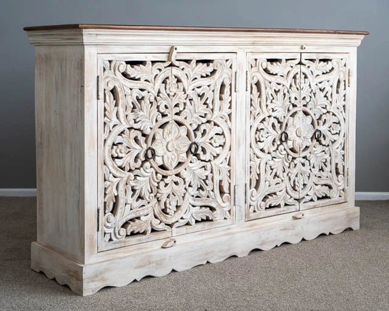 Handmade Wood Carving White Wash Color Buffet Table | Hand-carved Unique Sideboard Buffet & Sideboard - Bone Inlay Furnitures