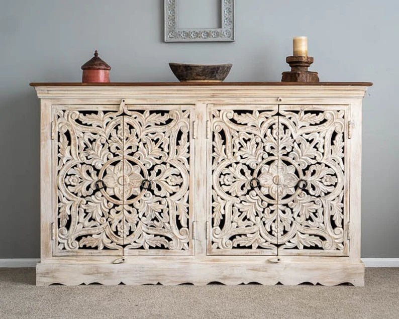 Handmade Wood Carving White Wash Color Buffet Table | Hand-carved Unique Sideboard Buffet & Sideboard - Bone Inlay Furnitures