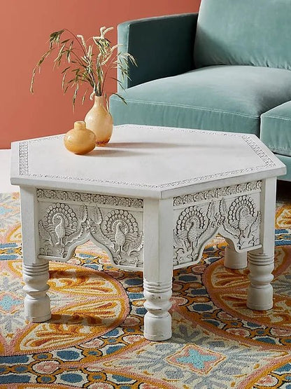 Handmade Wood Peacock Carving Coffee Table | White Color Center table | Conversion Table Coffee Table - Bone Inlay Furnitures