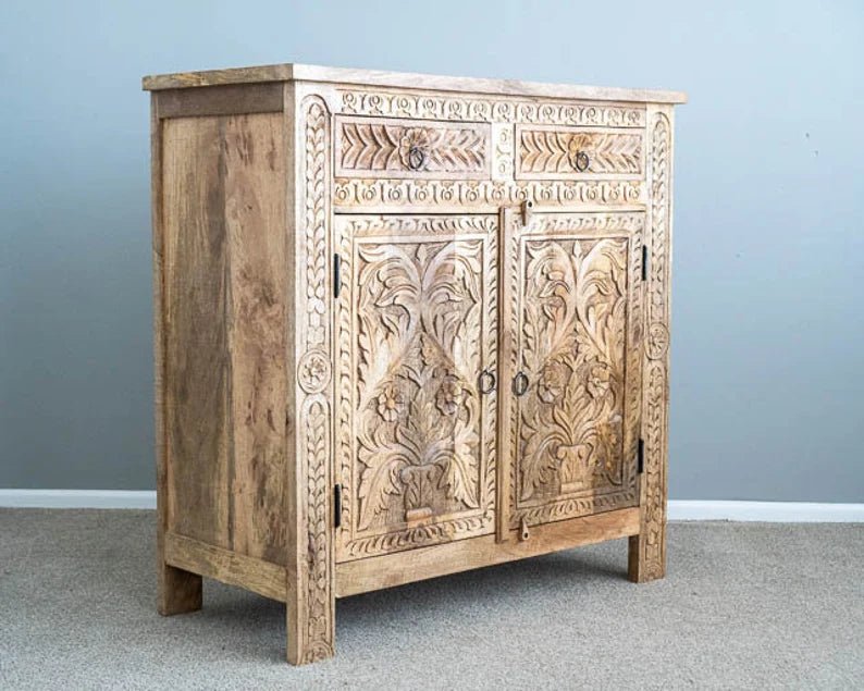 Indian Hand Carved Small Sideboard | Handmade Wooden Buffet Table Buffet & Sideboard - Bone Inlay Furnitures