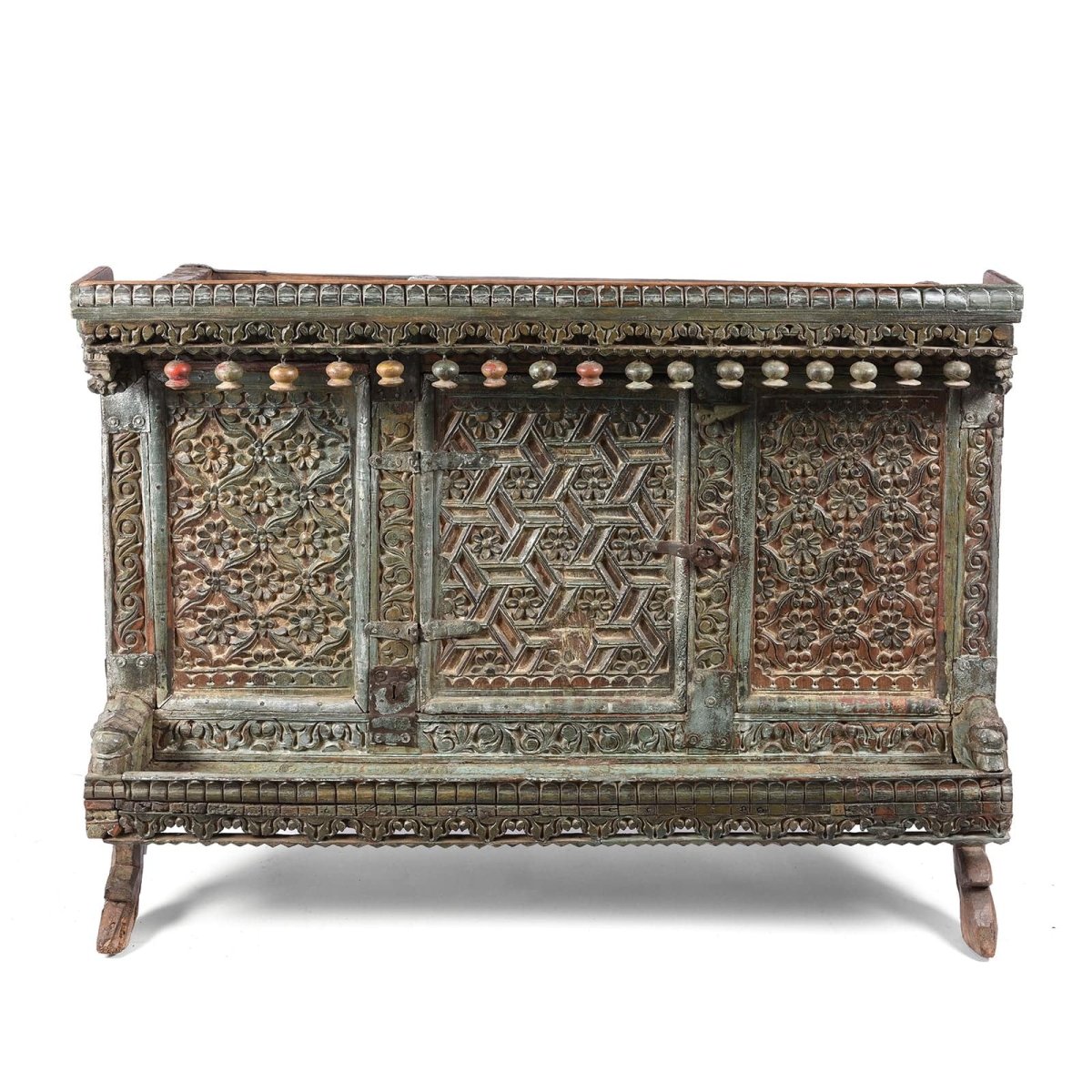 Indian Vintage Handmade Carved Dowry Sideboard Damchiya Buffet & Sideboard - Bone Inlay Furnitures
