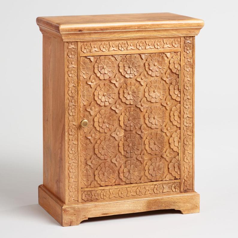 Indian Wooden Hand Carved Nightstand | Handmade Natural Color Bedside Table Nightstand - Bone Inlay Furnitures