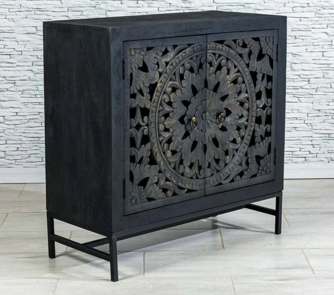 Mandala Carved Solid Wood Cabinet | Handmade Indian Blackwash Small Sideboard Buffet & Sideboard - Bone Inlay Furnitures
