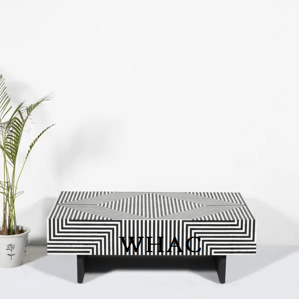 Monochrome Bone Inlay Coffee Table | Handmade Rectangle Stripe Black Center Table Coffee Table - Bone Inlay Furnitures