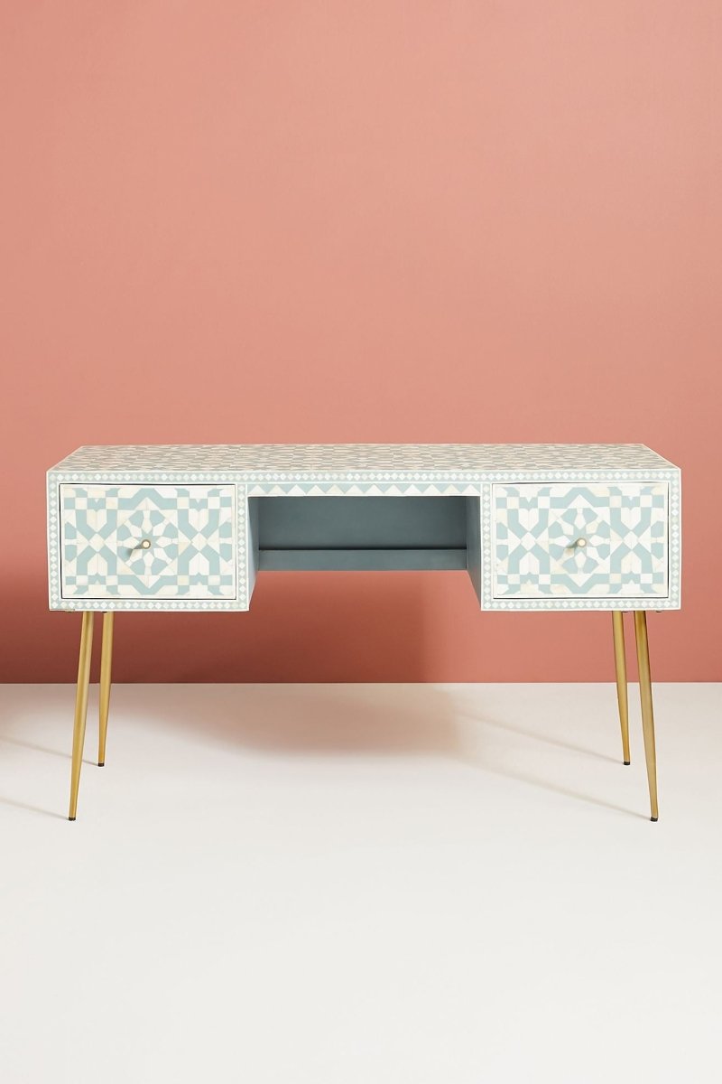 Moroccan Bone Inlay Work Desk Sky Blue | Handmade Laptop Desk with 2 Drawers workdesk - Bone Inlay Furnitures