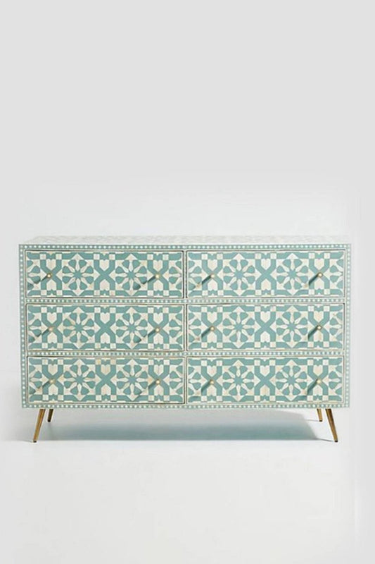 Moroccan Design Bone Inlay 6 Drawers Dresser in Green Color | Custom Made Chest of 6 Drawers Chest of Drawers - Bone Inlay Furnitures
