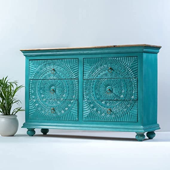 Sapphire Mandala Carved Chest of Drawers | Handmade Six Drawers of Dresser Chest of Drawers - Bone Inlay Furnitures
