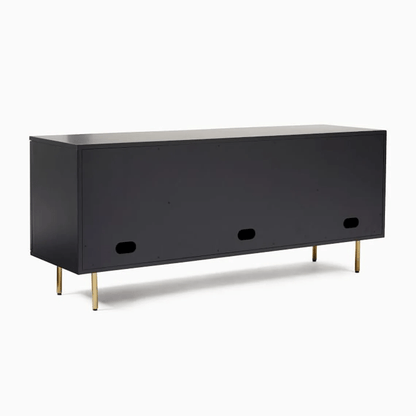 Solid Wood and Woven Black Media Console with Gold Metal Base | Indian Cane Furniture Media Console - Bone Inlay Furnitures