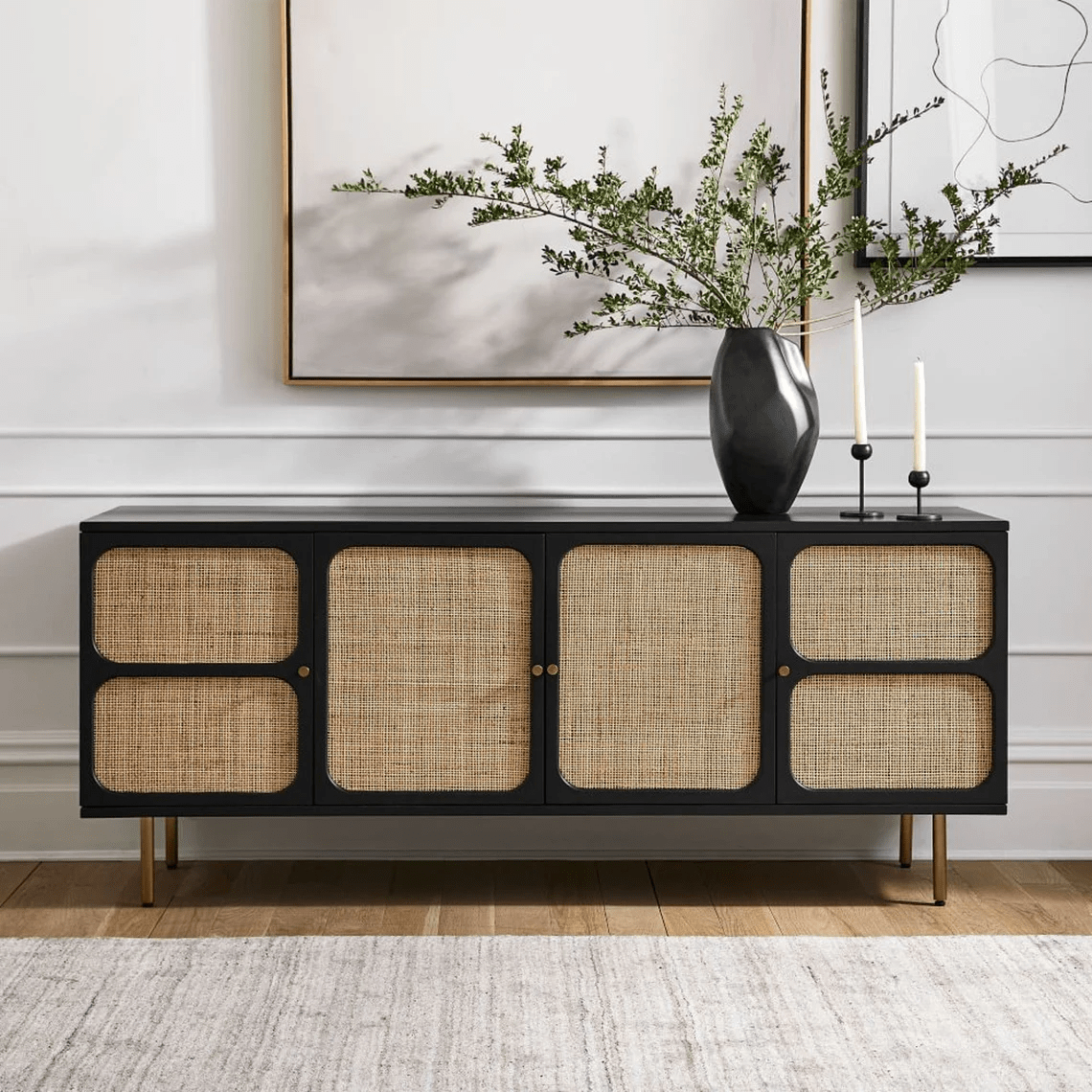 Solid Wood and Woven Black Media Console with Gold Metal Base | Indian Cane Furniture Media Console - Bone Inlay Furnitures