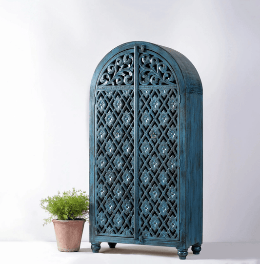 Vintage Handmade Hand Carved Wooden Armoire in Blue Color Armoire - Bone Inlay Furnitures