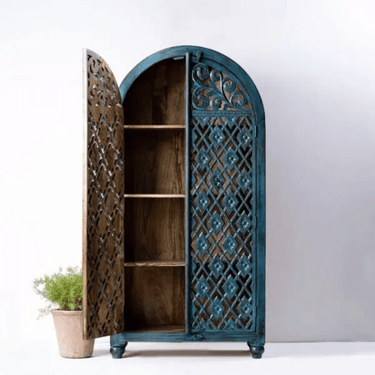 Vintage Handmade Hand Carved Wooden Armoire in Blue Color Armoire - Bone Inlay Furnitures