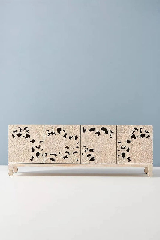 Warmth Hardwood Lotus Flowers Interior White Color Buffet Table | Handmade Sideboard Buffet & Sideboard - Bone Inlay Furnitures
