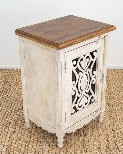 Wooden Hand Carved Nightstand in Gray, Black & White Color | Handmade Bedside Table Nightstand - Bone Inlay Furnitures