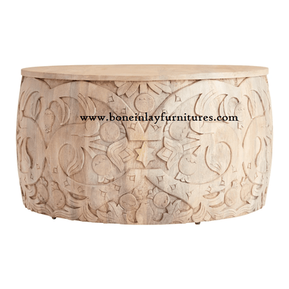 Wooden Hand Carving Coffee Table | Hand made Natural Round Cocktail Table Center Table - Bone Inlay Furnitures