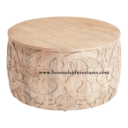 Wooden Hand Carving Coffee Table | Hand made Natural Round Cocktail Table Center Table - Bone Inlay Furnitures